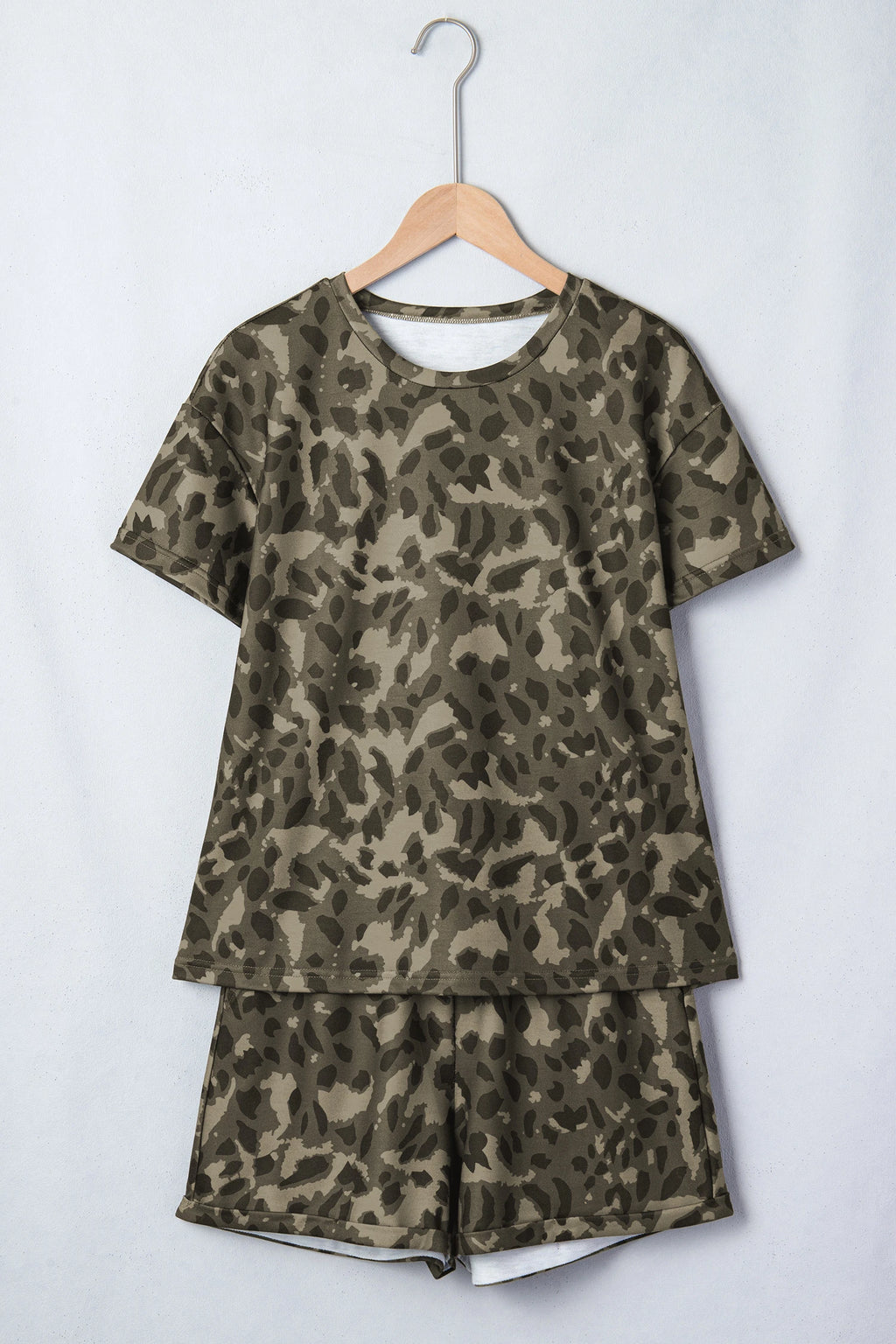Brown Leopard Print Crew Neck Short Set