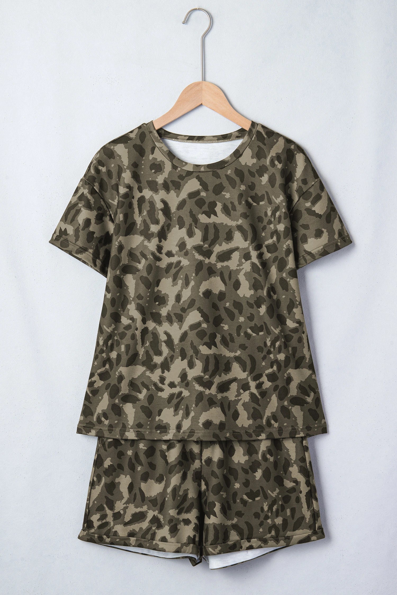 Brown Leopard Print Crew Neck Short Set