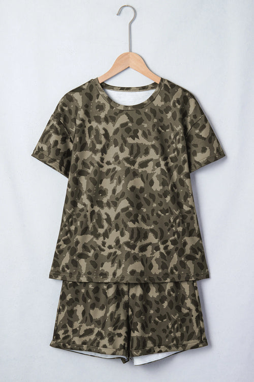 Brown Leopard Print Crew Neck Short Set