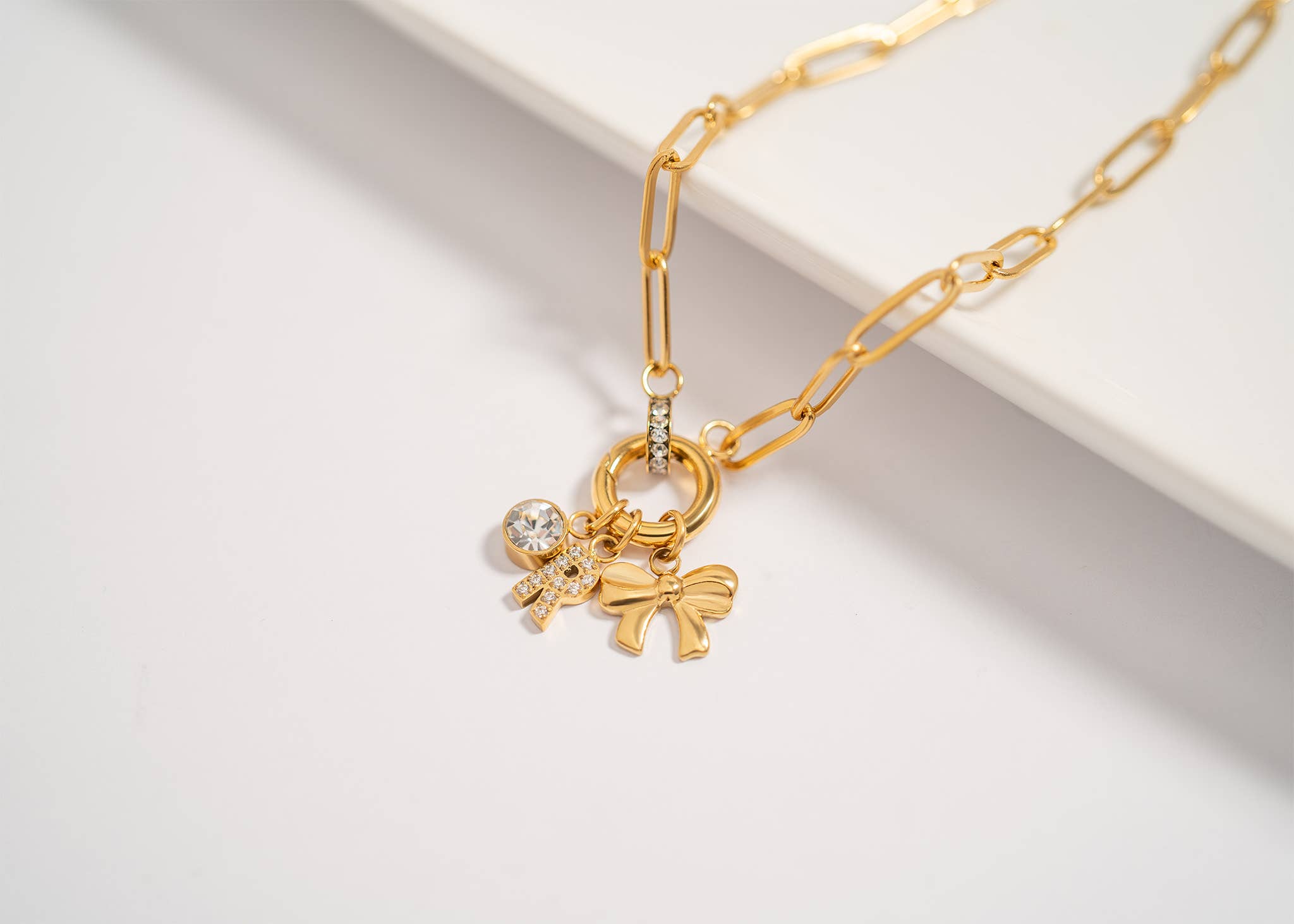 18K Gold Paperclip Rhinestone Charm Holder Necklace