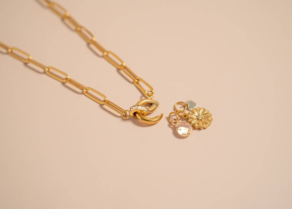 18K Gold Paperclip Rhinestone Charm Holder Necklace